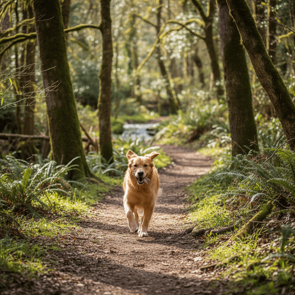 An energetic dog running on a wooded trail path