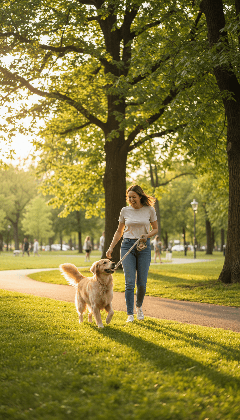 Dog walker with a happy dog on a sunny park trail