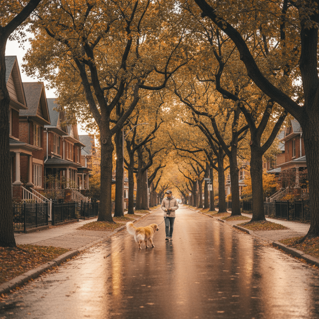 A dog trotting happily on a quiet tree-lined street