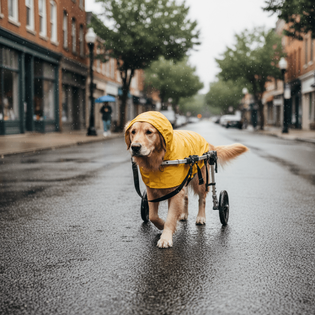 A dog in a yellow raincoat walking in light rain