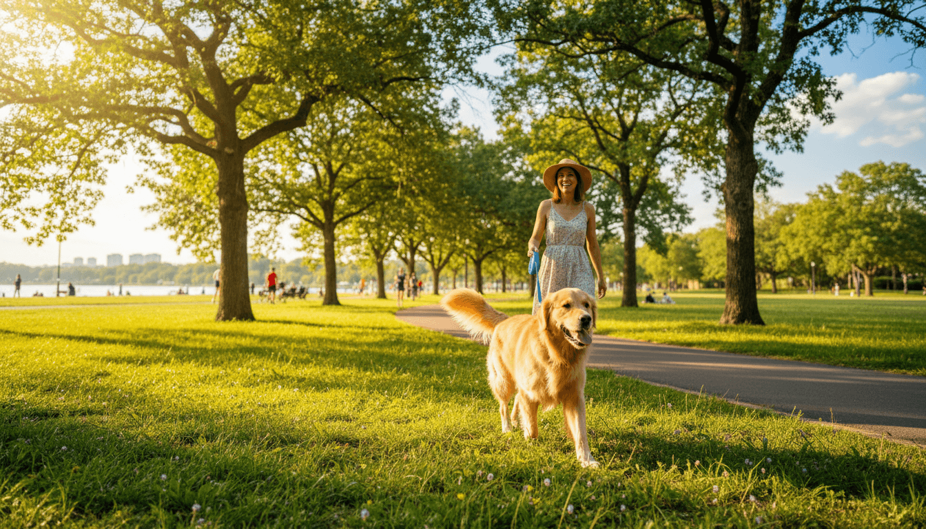 Happy dog walking on a leash beside its owner in a sunny Toronto park