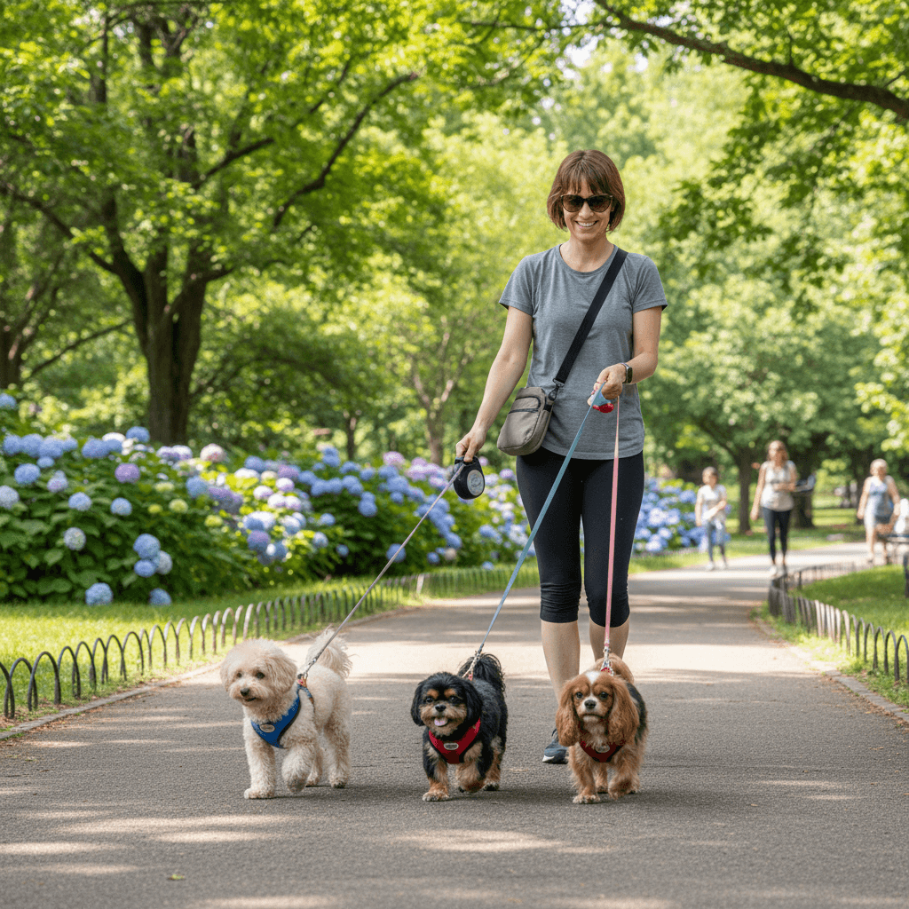 Three small dogs walking together with a walker in a green park