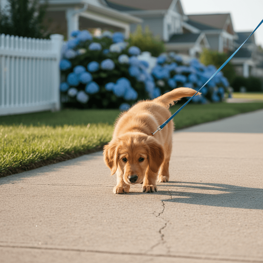 A puppy sniffing the ground during a short walk on a sidewalk