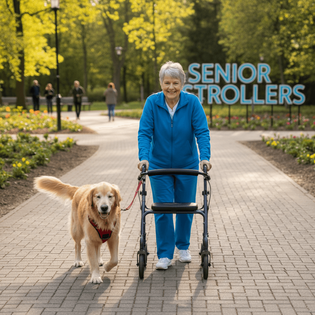 A calm older dog walking slowly on a flat paved path
