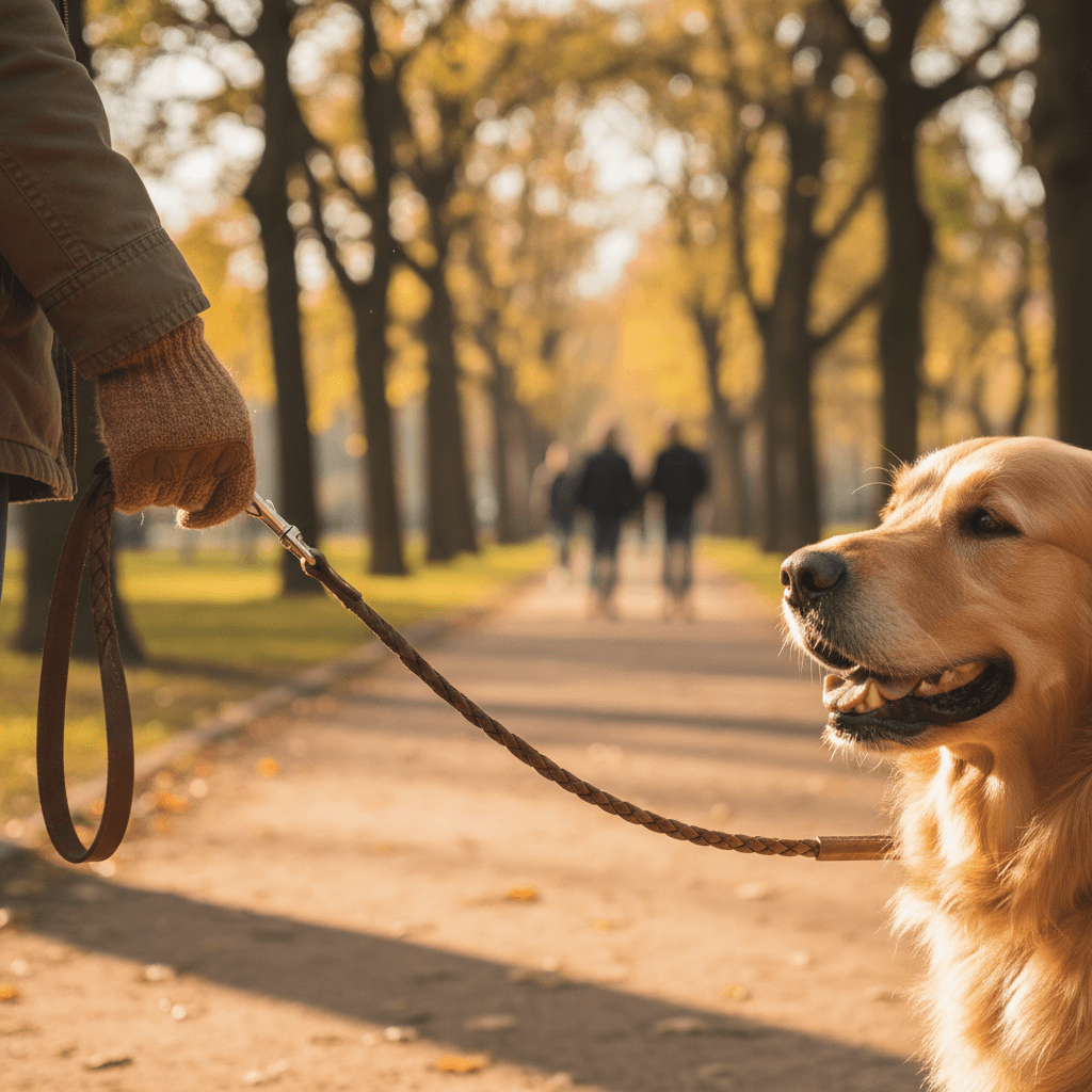 Samuel Hansen walking a happy dog on a sunny park path in Toronto