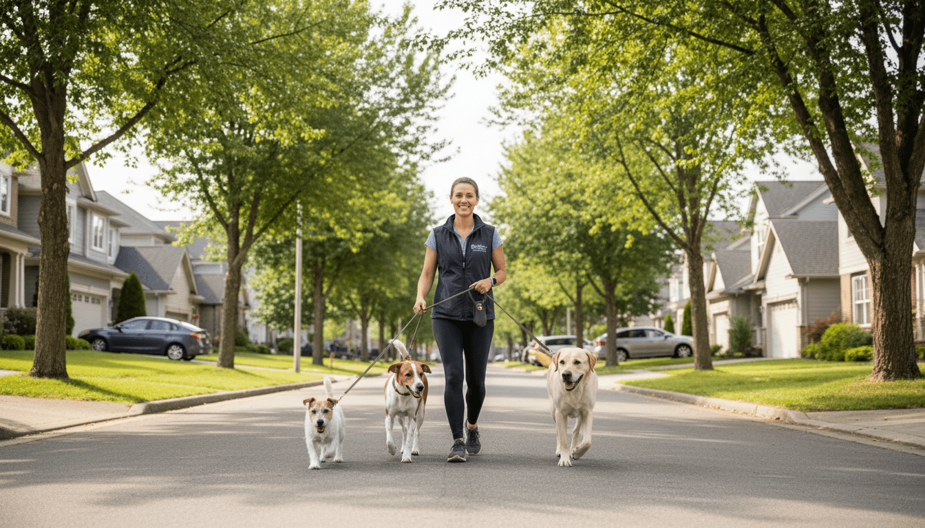 Two dogs walking on a quiet residential street