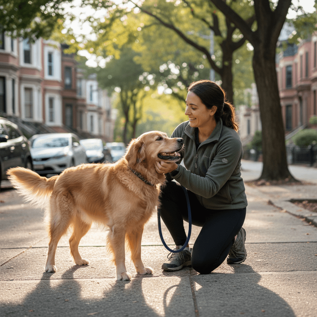 Little puppy walking on a sidewalk with a person