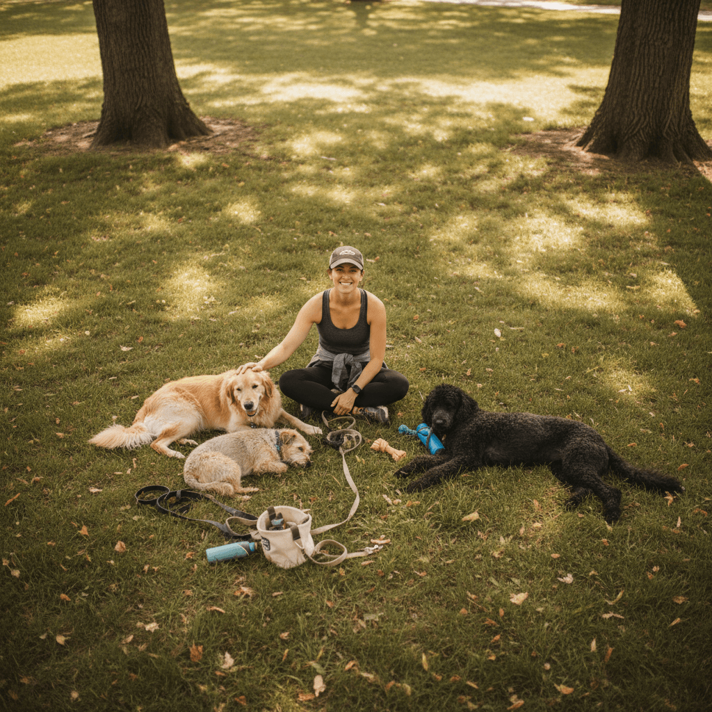Dog walking on a leash in a quiet park with a handler