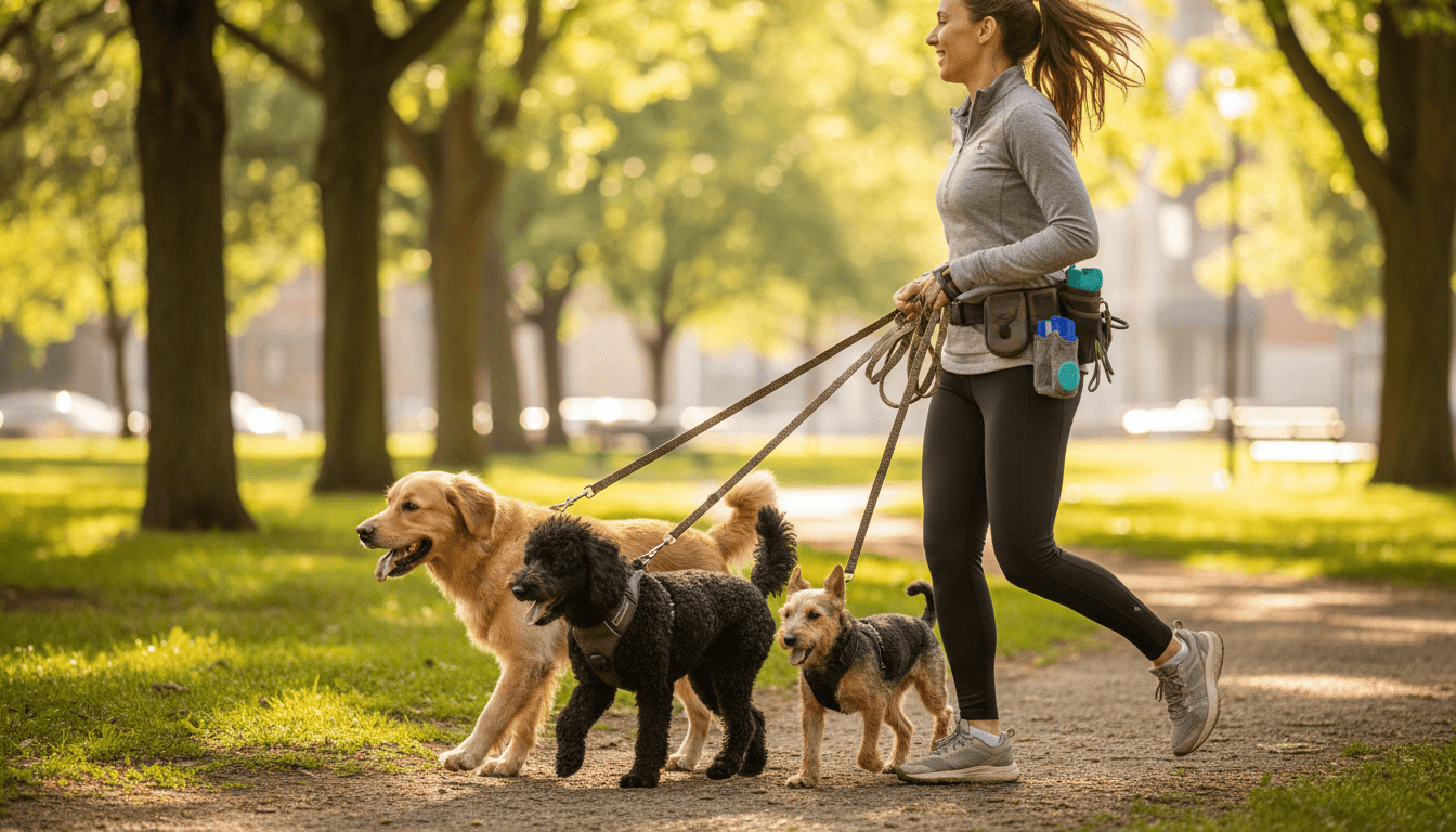 Happy dog walking on a leash in a sunny park