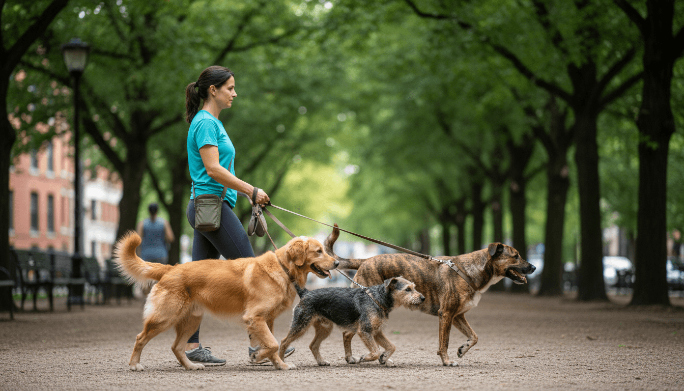 Person walking a small white fluffy dog on a leash in a city park