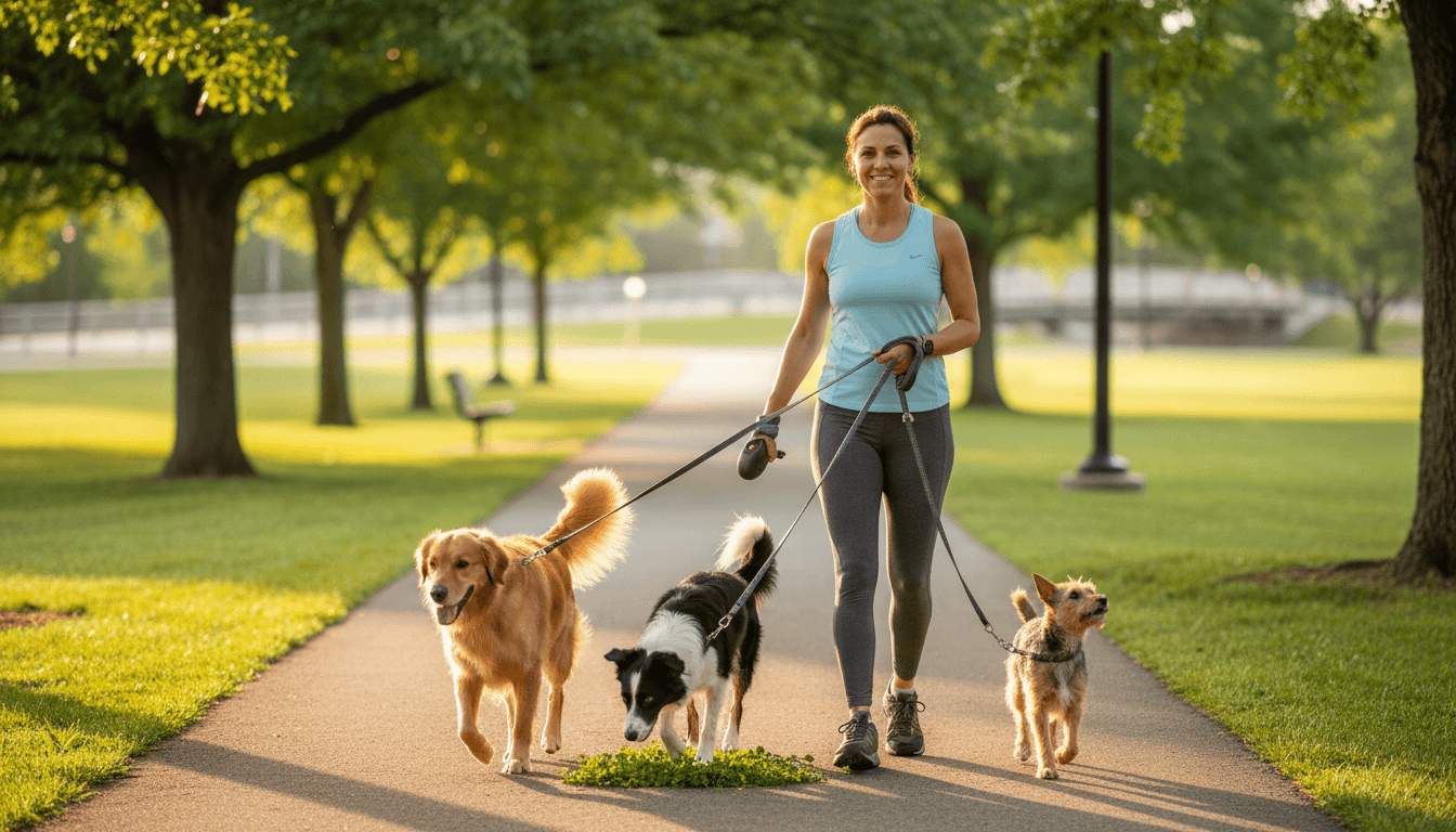 Happy dog running through a green park during a walk