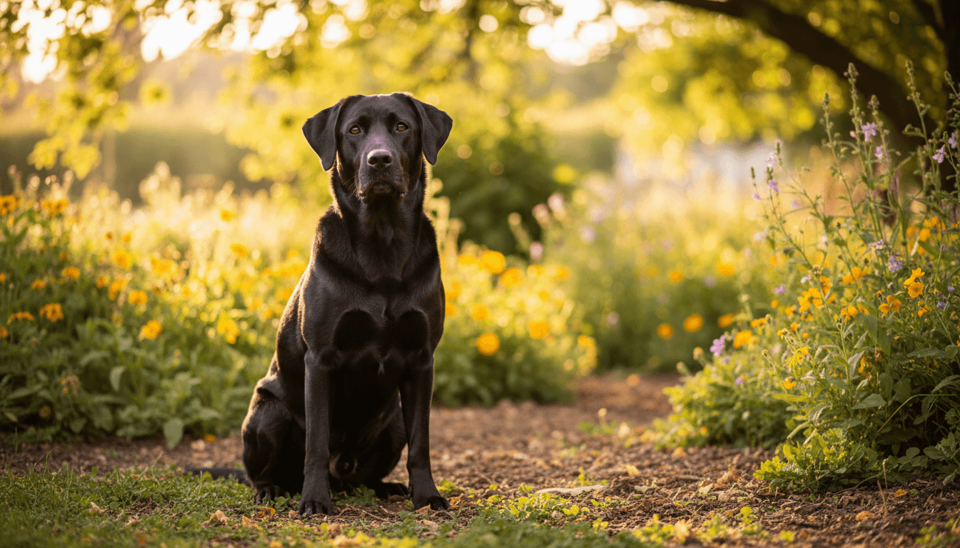 Labrador resting by a bench on an urban trail