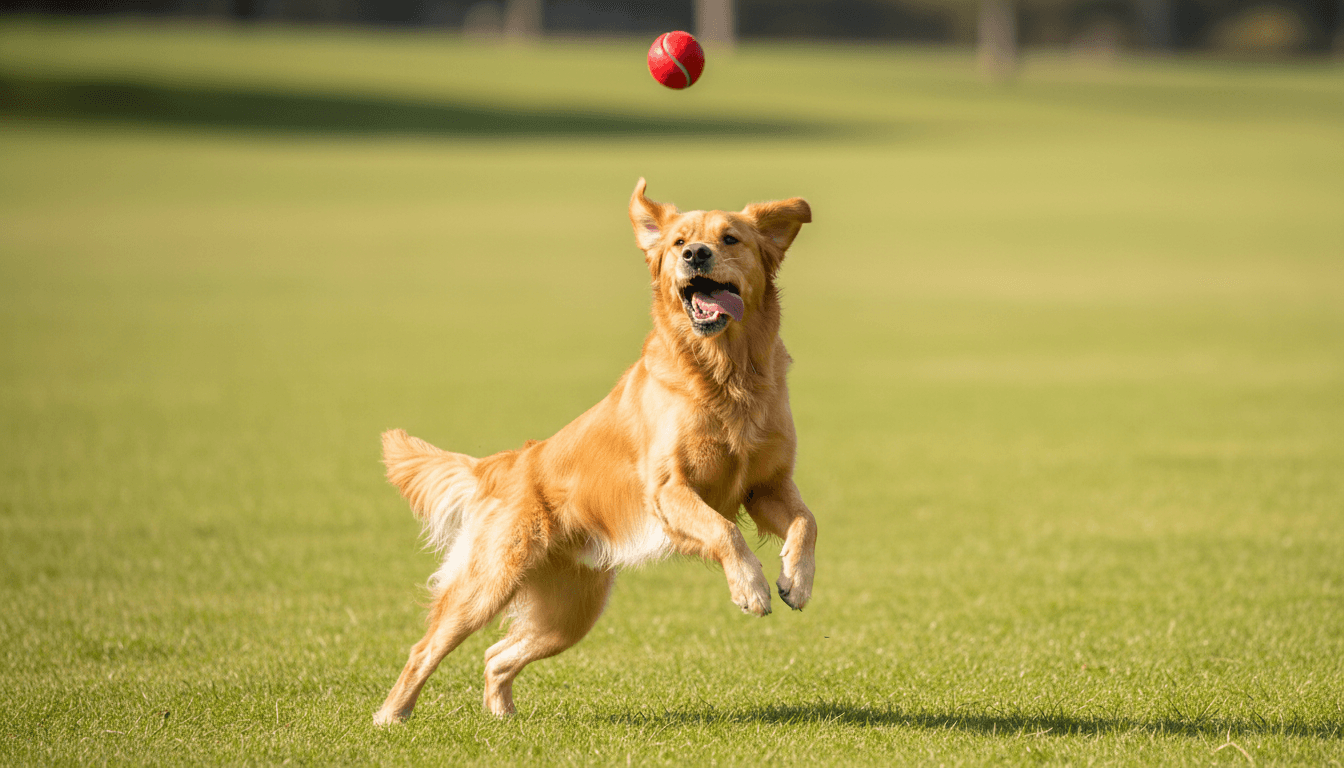 Happy golden retriever running on green grass in a sunny park
